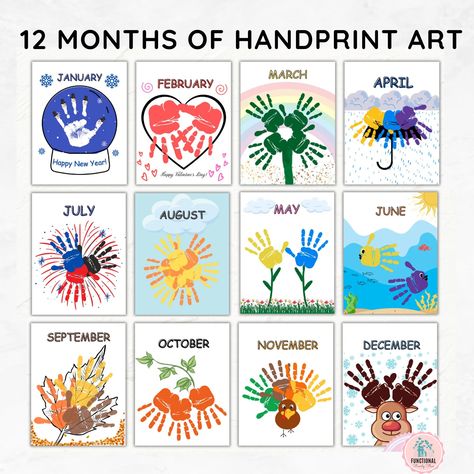 12 Month Old Crafts, Dot Paint Preschool Activities, Handprint Months Of The Year, May Handprint Crafts, Monthly Handprints Preschool, August Handprint Crafts, Preschool Handprint Crafts, Monthly Handprint Art, January Handprint Art