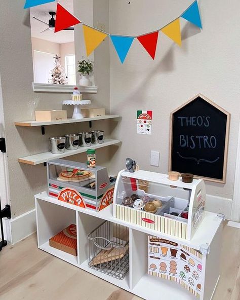 Playroom Imaginative Play, Homeschool Area In Playroom, Pretend Play Area Preschool, Pretend Play Storage Ideas, Playroom Shop Ideas, Play Kitchen Counter Space, Pretend Play Organization, Pretend Play Kitchen Diy, Pretend Playroom Ideas