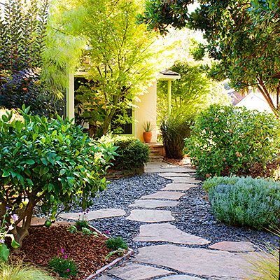 Landscape by Marilyn Waterman in CA. :: Landscaping without Grass - Sunset Backyard Grass Alternative, Backyard Grass Landscaping, Lawn Free Yard, Gravel Backyard, Grass Alternative, Low Water Landscaping, Xeriscape Landscaping, Desert Gardening, Backyard Walkway