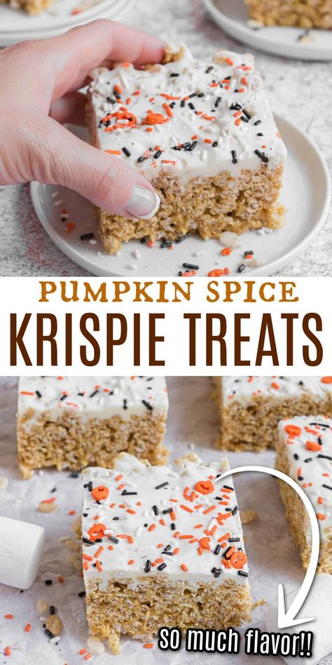 Coconut Rice Crispy Treats, Gourmet Rice Crispy Treats, Rice Krispie Treats Pumpkin, Gourmet Rice Krispie Treats, Pumpkin Spice Rice Krispie Treats, Cake Pucks, Homemade Rice Krispies Treats, Melted White Chocolate, Spiced Rice