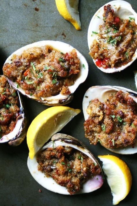 Portugese Recipe, Stuffies Recipe, Clam Appetizers, Stuffed Quahogs, Stuffed Clams, Baked Clams, Clams Casino, Shell Fish, Bbq Shrimp