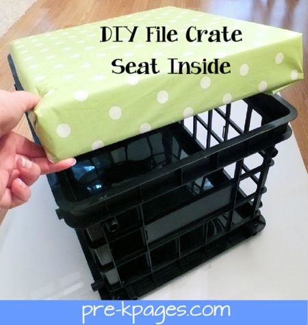 DIY File Crate Seats (with storage) using vinyl to avoid any Pre-K "accidents" from seeping into the foam! Crate Seats Classroom, Milk Crate Seats, Crate Stools, Crate Seats, Pre K Pages, Filing Papers, Classroom Seating, Class Organization, Milk Crate