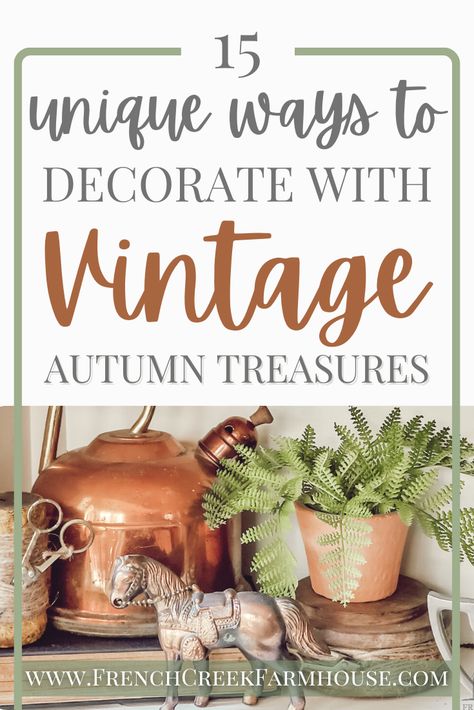 🍂 From copper kettles to pumpkin patches—vintage fall decor ideas that radiate autumn warmth and tradition. Embrace the cozy vibes and cuddle up with this collection of home inspo! 🍁✨ #CopperandCozy #VintageHarvest Fall Vintage Decor Ideas, Fall Decor Vignettes, Copper Pot Decor Ideas, Cottagecore Autumn Decor, Copper Kettle Decor Ideas, Diy Vintage Fall Decor, Primitive Fall Decorating Ideas, Farmhouse Lantern Decor Ideas, Cabin Fall Decor