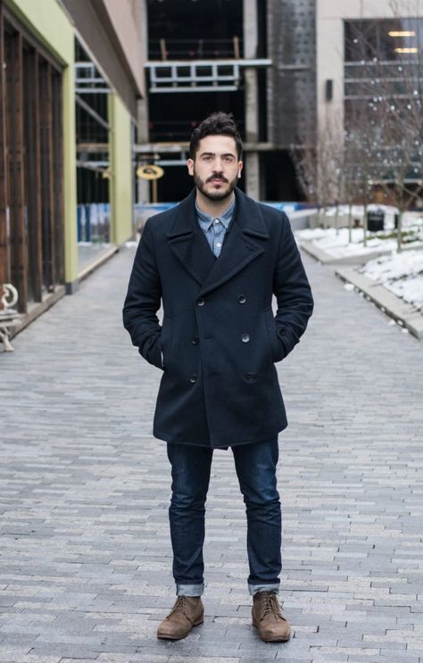 Mens Black Peacoat Outfit, Double Breasted Coat Outfit, Black Peacoat Outfit, Peacoat Outfit Men, Navy Blue Coat Outfit, Blue Coat Outfit, Peacoat Outfit, Blue Winter Coat, Mens Fashion Coat