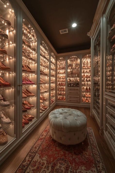 Closet Glass Doors, Shoe Storage Walk In Closet, Heel Closet, Walk In Closet Luxury, Luxurious Walk In Closet, Walk In Closet Ideas, Glass Shoe, Shoe Room, Shoe Cabinets