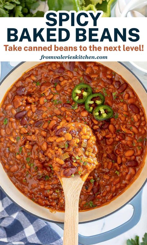 Spicy Baked Beans Recipe, Spicy Baked Beans, Summer Potluck Dishes, Canned Baked Beans, Bbq Baked Beans, Easy Summer Side Dishes, Bbq Beans, Summer Potluck, Baked Bean Recipes