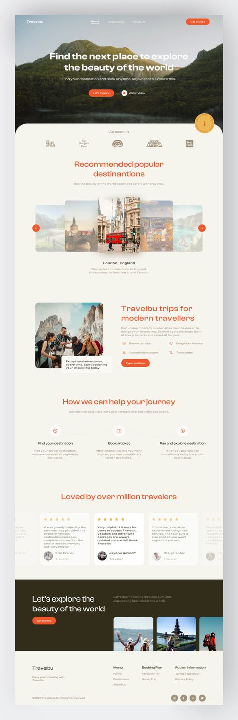 Travelbu - Travel Landing Page designed by Yoğa Pratama for Columbus. Connect with them on Dribbble; the global community for designers and creative professionals. Agency Website Inspiration, Travel Landing Page, Webpage Design Layout, Travel Agency Website, Travel Website Design, Website Design Inspiration Layout, Landing Page Inspiration, Webdesign Inspiration, Ui Design Website