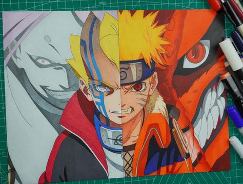 Naruto And Boruto Drawing, Cool Anime Drawings With Color, Anime Color Drawing, Colored Anime Drawings, Color Anime Drawing, Anime Drawing With Color, Anime Sketch Colored, Naruto Drawings Color, Naruto Transformation