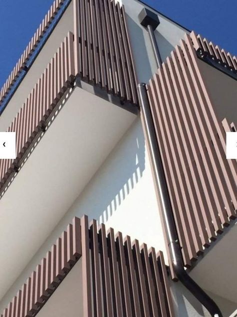 Metal Facade Architecture Design, Apartment Exterior, Modern Fence Design, Wood Facade, Cladding Design, Wooden Facade, Balcony Grill, Balcony Grill Design, Balcony Railing Design