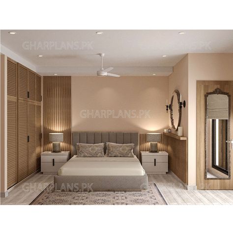 This beautiful and innovative Pakistani bedroom design has been designed with the simplicity and diversity of a single material, which is wood. The wall behind the bed is kept simple with the use of wooden flutes running vertically from floor to ceiling on one side while they are kept at the headboard level on the other side, continuing on the next wall to form the base of a shelf being used for console. An elegant mirror in bronze is hanging over the shelf. Pakistani Room Decor Bedroom, Pakistani Room, Pakistani Bedroom, Bedrooms Interior Design, Bedrooms Interior, Media Walls, Wooden Flute, Elegant Mirror, Elegant Mirrors