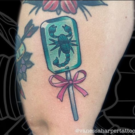 Scorpion tattoo Sucker Tattoo, Scorpion Lollipop, Lollipop Tattoo, Scorpion Tattoo, Tattoos And Piercings, Scorpion, Body Art Tattoos, Lollipop, Tatting