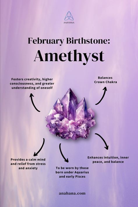 Known as a gem of personal empowerment, the birthstone for February is Amethyst. Amethyst is a purple variety of quartz. The gem has a wine-like color that ranges from pale lilac to deep red-orange. It receives its purple colors from the presence of iron and natural irradiation under the Earth's surface. Learn more about February birthstones! February Crystals, Amethyst Aesthetic, February Inspiration, Birth Gems, Amazonite Meaning, Birthstones Meanings, Ethereal Core, February Gemstone, Birth Stones