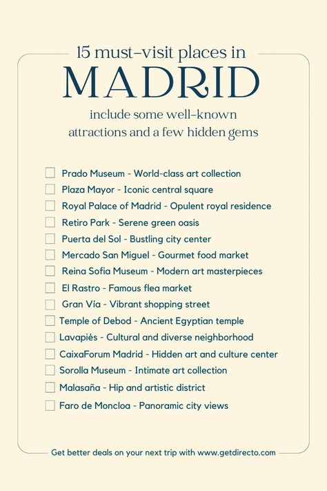 to do Checklist place to visit in Madrid Template free. Bucket list to-do Madrid Checklist, Madrid To Do List, Madrid Places To Visit, Madrid To Do, Madrid Must See, Madrid Things To Do, Madrid Travel Guide, Madrid Bucket List, Things To Do In Madrid Spain