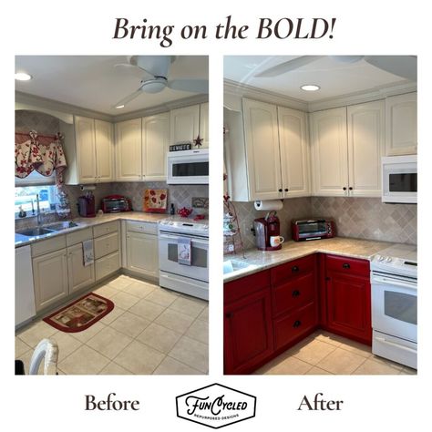 We took a kitchen with too many shades of cream that didn't match and turned it into our client's dream kitchen!  Not only do her creamy tones match perfectly now, she also had the perfect opportunity to make a bold statement with one of her favorite colors--red! Red And Cream Kitchen, Kitchen Cabinet Painting, True Fact, Cabinet Painting, Cream Kitchen, Two Tone Kitchen, Painting Furniture, Upstate Ny, Updated Kitchen