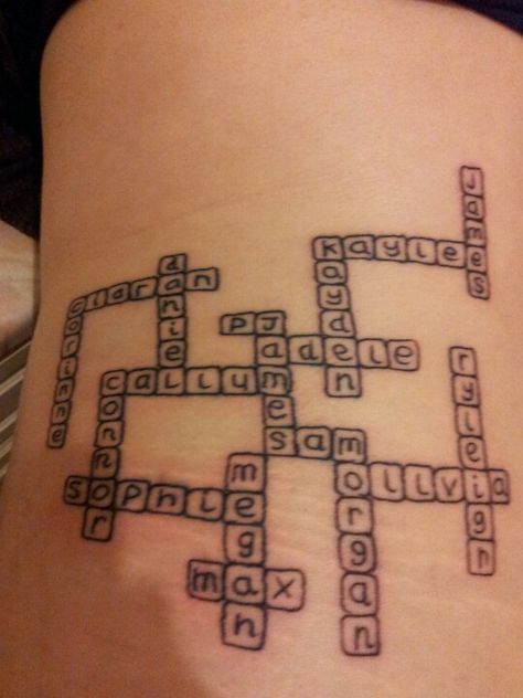 Crossword tattoo with names of my kids and nieces and nephews Crossword Puzzle Tattoo, Crossword Tattoo, Aunt Tattoo, Puzzle Tattoo, Niece Tattoo, Memorial Tattoo Quotes, Puzzle Tattoos, Heart Temporary Tattoos, Christian Sleeve Tattoo