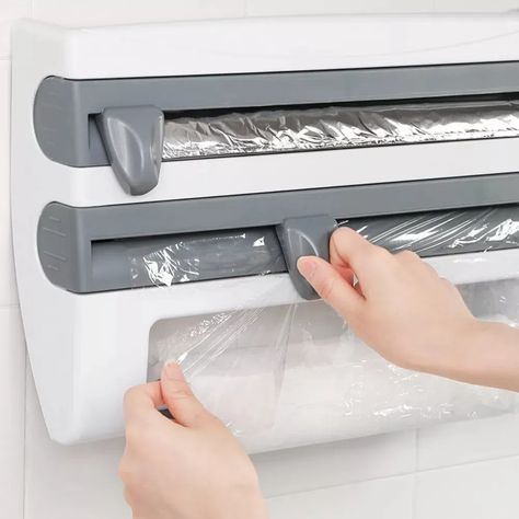 1pc Wall Mounted 3 In 1 Paper Towel Kitchen Foil Wrap Dispenser Cling Film Roll Holder Cutter With Spice Storage Rack | Shop The Latest Trends | Temu Paper Towel Storage, Plastic Wrap Dispenser, Kitchen Decor Styles, Food Prep Storage, Kitchen Roll Holder, Towel Shelf, Kitchen Paper, Spice Storage, Cling Film