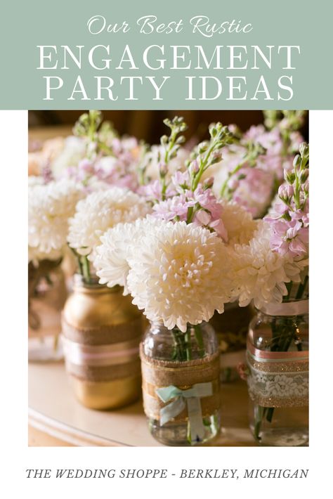 Are you looking for inspiration for your Engagement party? Check out these gorgeous rustic Engagement Party Ideas brought to you by your bridal experts at The Wedding Shoppe in Detroit MI   #EngagementParty #Weddingplanning Rustic Engagement Party Ideas, Engagement Party Centerpieces, Small Engagement Party, Rustic Engagement Party, Engagement Party Rustic, Outdoor Engagement Party, Fun Engagement Party, Engagement Party Decorations Diy, Backyard Engagement Parties