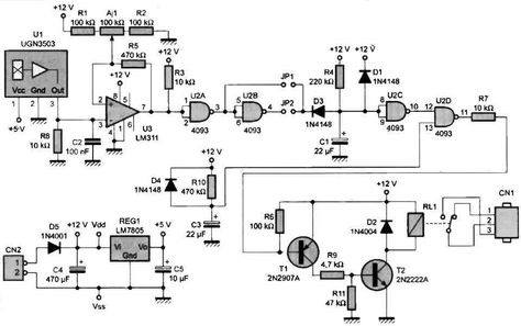 This proximity detector circuit uses a Hall effect sensor to detect the approach of a magnetic object, such as a magnet fixed to the frame of a door. The application […] The post Proximity Detector using Hall Effect Sensor Circuit appeared first on Homemade Circuit Projects. Gold Detector, Simple Circuit, Hall Effect, Electronic Circuit Projects, Electronic Circuit, Motion Detector, Printed Circuit, Printed Circuit Board, Circuit Projects