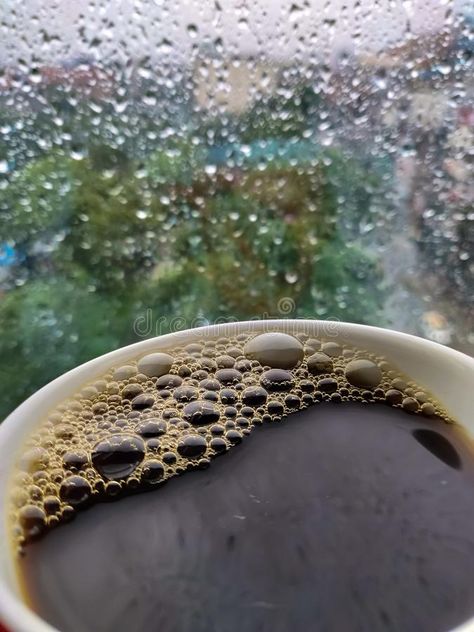 Photo about Black coffee and the rain drops on the glass of the window. Image of glass, drop, drops - 126651649 Coffee And Rain Photography, Rain And Coffee Rainy Days, Coffee And Rain Aesthetic, Coffee Rain Aesthetic, Coffee In Rain, Black Coffee Photography, Coffee In The Rain, Black Coffee Aesthetic, Rainy Coffee