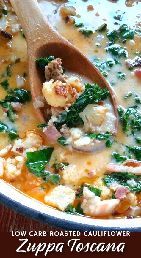 A copycat recipe for Olive Garden's Zuppa Toscana soup made low carb with roasted cauliflower instead of potatoes for maximum flavor and incredible texture! Zupa Toscana, Zuppa Tuscana Soup, Cauliflower Keto, Zuppa Soup, Olive Garden Zuppa Toscana, Zuppa Toscana Soup, Tuscan Soup, Toscana Soup, Leftovers Soup