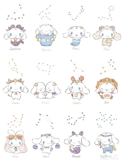 Cute Zodiac Signs Drawing, Zodiac Sign Characters, Sanrio Zodiac Signs, Drawing Ideas Zodiac Signs, Sanrio Zodiac, Zodiac Signs Drawings, Cinnamoroll Tattoo, Cute Zodiac Signs, Zodiac Cartoon