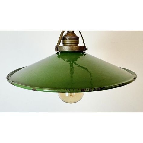 Vintage industrial enamel pendant lamp from the 1930s. It features a green enamel shade with white enamel interior and a brass top. Original porcelain socket requires standard E 27/ E 26 light bulbs. New wire. The weight of the lamp is 0,4 kg. The lightbulb is included. European Plug (up to 250V).The wiring of this item may be original and might need replacement, if not specified otherwise. Enamel Pendant Light, Industrial Green, Green Enamel, Vintage Industrial, White Enamel, Light Bulbs, Ceiling Light, Pendant Lamp, Light Bulb