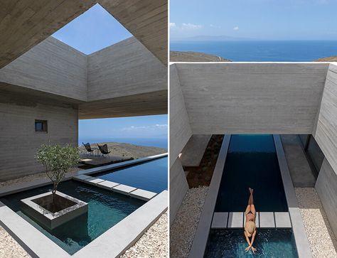 aristides dallas architects inserts 'lap pool house' into the rugged landscape of tinos island Pool Waterfall, Lap Pool, Open Space Living, Greece Islands, Architect House, Greek Island, Dream House Plans, Structural Engineering, Pool House