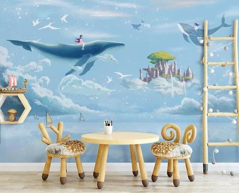 3D Whale Wallpaper, Girl Wall Mural, Sky Wall Decor, Dreamy Wall Art, Peel and Stick, Removable Wallpaper, Wall Sticker Sky Whale, Whale Wallpaper, Kindergarten Wallpaper, Playroom Wallpaper, Nursery Wall Murals, 3d Wall Murals, Dining Room Style, Wallpaper Walls Decor, Custom Murals