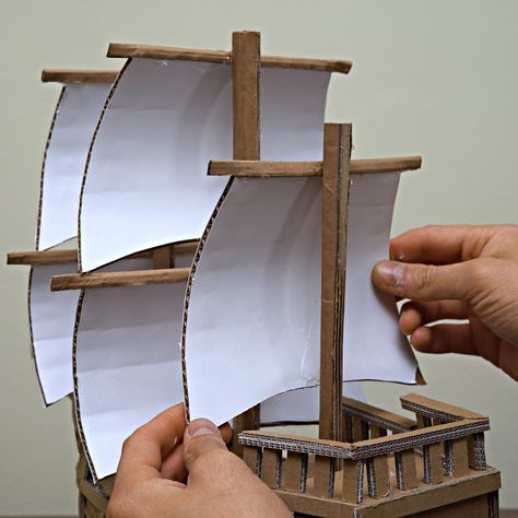 Diy Boat Craft Cardboard, Diy Boat Craft Projects, Cardboard Ship Diy, Cardboard Boat Diy, Cardboard Pirate Ship Diy, Ship Out Of Cardboard, Diy Boat Craft, Pirate Ship Template, Ship Cardboard