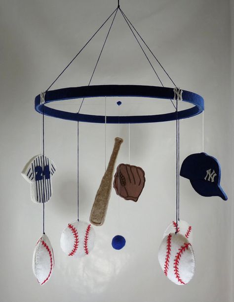 Baseball baby mobile/Sports, game/team Yankees/boy/ uniform, cap, bat, jersey, glove/blue, white, red on Etsy, $76.20 Yankees Nursery, Sports Nursery Theme, Yankees Baby, Baseball Nursery, Baby Boy Room, Diy Baby Mobile, Baby Boy Room Nursery, Nursery Room Boy, Baseball Baby