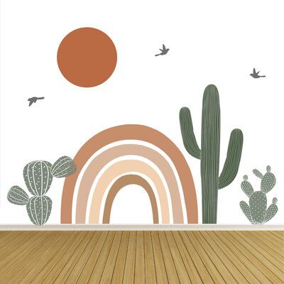 Wall Clings Decals, Toy Room Mural, Desert Sun Nursery, Desert Classroom Theme, Desert Mural Nursery, Cactus Wall Decals, Wall Murals Painted Cactus, Neutral Rainbow Painted Wall, Cactus Nursery Painting