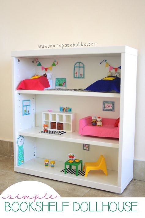 Homemade Dollhouse, Dollhouse Shelf, Ikea Dollhouse, Dollhouse Bookshelf, Simple Bookshelf, Diy Barbie House, Ikea Bookshelves, Reborn Toddler Dolls, Furniture Bookshelves