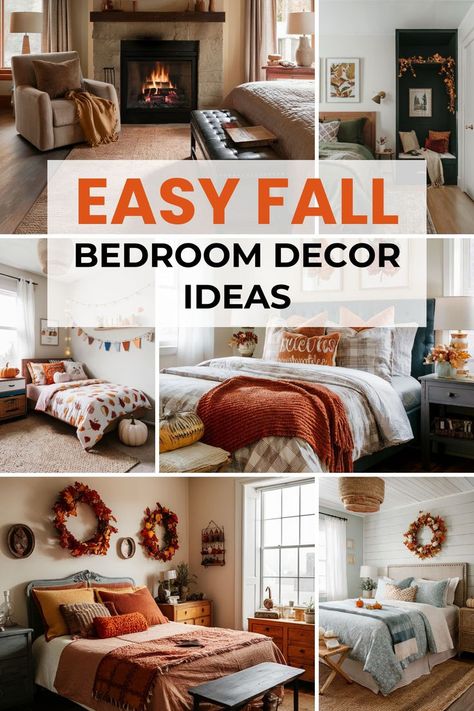 Easy Fall Bedroom Decor Ideas Bedroom Autumn Decor, Simple Fall Bedroom Decor, Fall Master Bed Decor, Fall Bedding Bedrooms Cozy, Fall Bedroom Decor Aesthetic, Fall Decor For Bedroom, Fall Bedding Bedrooms, Autumn Bedroom Ideas, Bedroom Fall Decorations