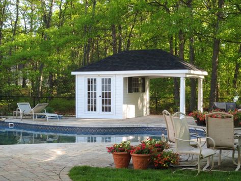 Preston Pool House | Pleasant Run Structures Homestead Structures, Pool Sheds, Small Pool House, Porch Cover, Mil Suite, Cabana Ideas, Backyard Pool House, Small Pool Houses, Pool House Cabana