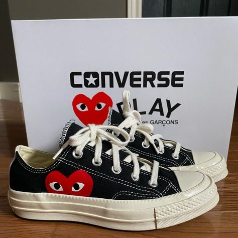 COMME DES GARÇONS PLAY Black Converse Half Heart Sneakers - Size 5 US Womens Comme Des Garcons Converse Outfit, Garcons Converse Outfit, Comes Des Garcons, Cdg Heart, Comme Des Garcons Shoes, Heart Sneakers, Converse Comme Des Garcons, Chuck 70 Low, Comme Des Garcons Converse