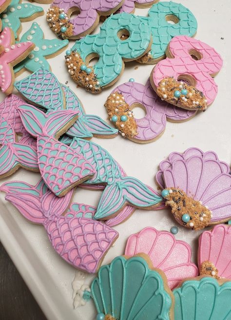 Mermaid Decorated Sugar Cookies | Etsy Mermaid Iced Cookies, Mermaid Birthday Party Cookies, Mermaid Themed Desserts, Mermaid Birthday Cookies Decorated, Ariel Cookies Decorated, Mermaid Party Desserts, Mermaid Party Cookies, Mermaid Cookies Ideas, Mermaid Sugar Cookies Royal Icing