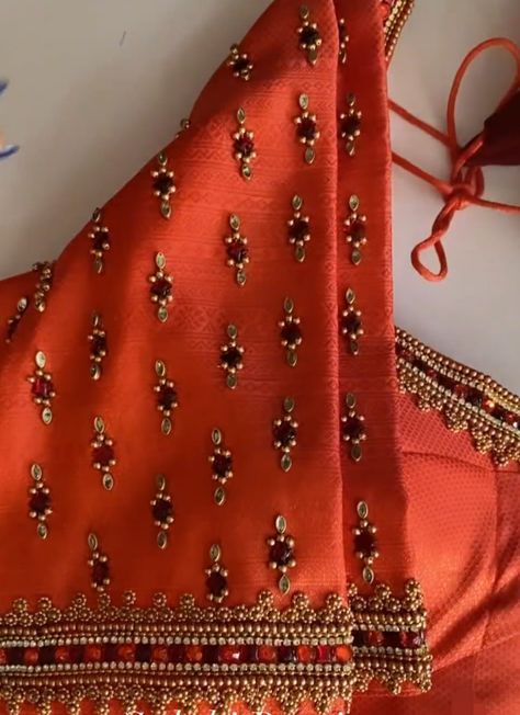 Orange Colour Maggam Work Blouses, Orange Blouse Maggam Work Designs, Simple Aari Design, Work Blouse Designs, Mirror Work Blouse Design, Aari Design, Latest Bridal Blouse Designs, Latest Blouse Designs Pattern, Aari Blouse