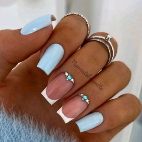 Rhinestone French Tip, Nails Baby Blue, Vintage Retro Wedding, Blue Wedding Nails, Tip Manicure, Line Nail Designs, Pattern Nails, French Tip Manicure, Dance Aesthetic