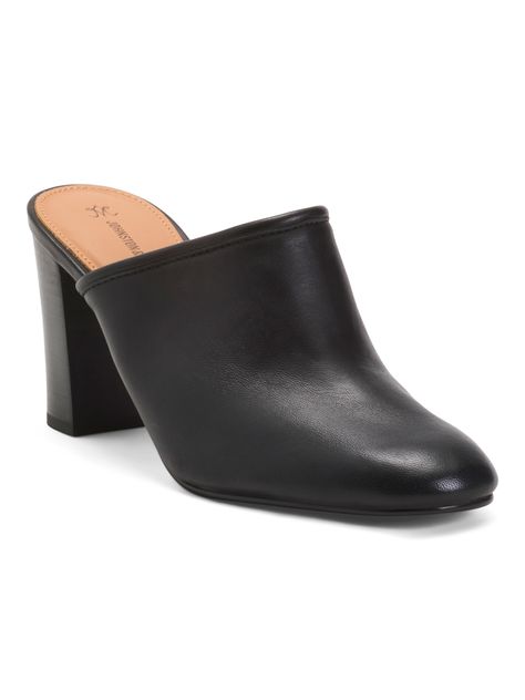 Trutech Footbed, Stacked Block Heel, 3.75In. Heel, Rounded Toe, Leather Upper, Man Made Sole, Imported | Leather Charlotte Heeled Mules for Women Black Calf Leather Open Heel Mules, Designer Black Block Heel Mules, High Heel Mules With Leather Sole, Medium Width, Leather Mules With 4-inch Heel And Ankle Strap, Black Mules With 4-inch Block Heel, Leather Shops, Leather Shoes Woman, Shoe Store, Heeled Mules