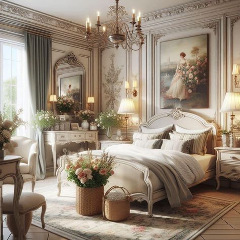 French Chateau Bedroom, French Victorian Bedroom, White Victorian Bedroom, Chateau Bedroom, Paris Interiors, Apartment Deco, Bedroom Redesign, Victorian Bedroom, White Victorian