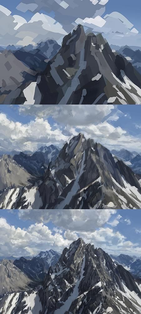 Mountain Top Painting, Mountain Environment Art, Mountain Digital Art Tutorial, Digital Mountain Art, Digital Painting Environment, Mountain Tutorial Digital, Digital Art Concept, Digital Art Environment, Digital Landscape Tutorial