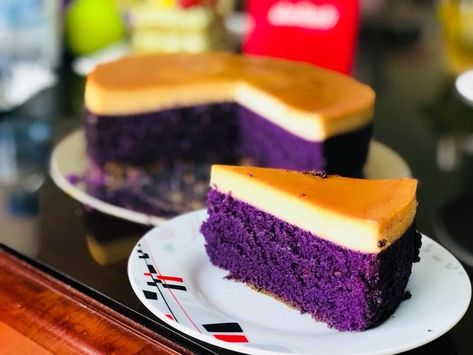 Ube Flan Cake Recipe, Ube Custard Cake, Leche Flan Cake Recipe, Ube Chiffon Cake Recipe, Ube Chiffon Cake, Ube Custard, Purple Yams, Custard Cake Recipes, Pinoy Dessert