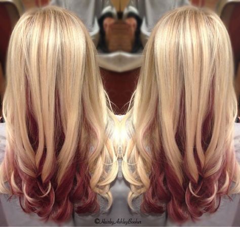 🐙 Some red/violet long blonde hair #hairstylist IG: www.instagram.com/prettypleasehairandbeauty 👋🏼 Red Peekaboo Hair Blonde, Red And Blonde Peekaboo Hair, Blonde To Red Ombre Hair, Blonde Hair Red Tips, Blonde With Burgundy Underneath, Dark Red And Blonde Hair, Dark Red And Blonde Hair Color, Red Hair Underneath, Blonde Hair With Red Highlights