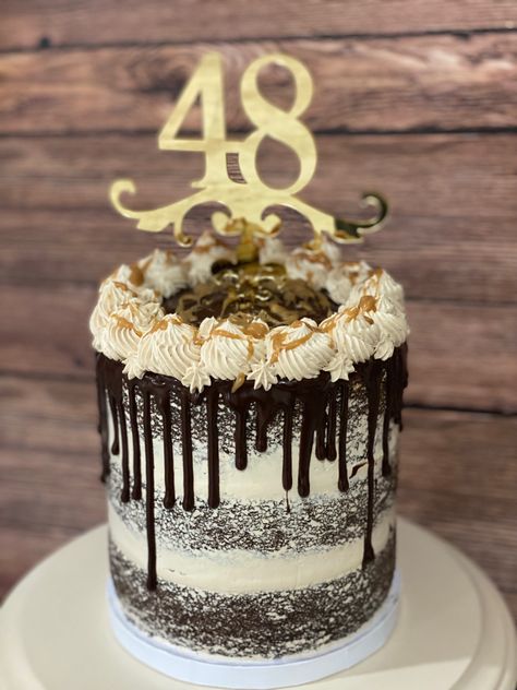 48th Birthday Cake, Birthday Ideas For Mom, Happy 48th Birthday, Three Layer Chocolate Cake, Happy 48 Birthday, Chocolate Ganache Drip, 48th Anniversary, Layer Chocolate Cake, Ganache Drip