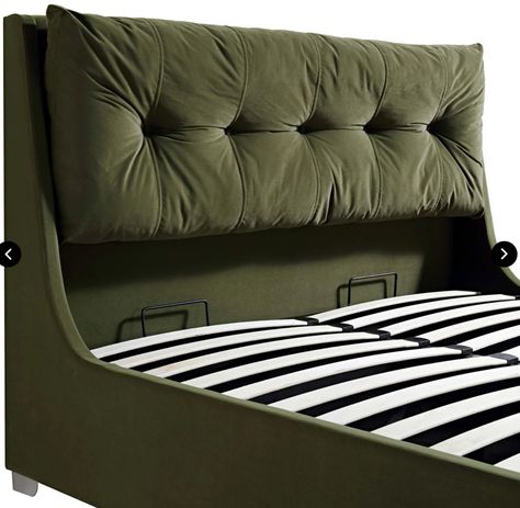 Kingsize Ottoman Bed, Bedroom Ottoman Storage, Dark Green Bed, Green Velvet Ottoman, Modern Wooden Bed, Corner Bedroom, Bed Designs With Storage, Cushioned Headboard, Velvet Bedroom