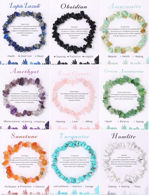 PRICES MAY VARY. Gemstone Bracelets Set -- You will get 9 pcs different chakra healing chip bracelets,Including amazonite bracelet,sunstone bracelet,amethyst bracelet, rose quartz bracelet, green aventurine bracelet,obsidian bracelet, lapis Lazuli bracelet, turquoise bracelet,howlite bracelet. A variety of colors and styles, suitable for your daily wear and replacement, or to share with your friends, family. High Quality Materials--These gemstone stretch bracelets set are made of natural healing Crystal Bracelet Ideas, Stretch Beaded Bracelets, Sunstone Bracelet, Aventurine Bracelet, Healing Gemstone Bracelets, Howlite Bracelet, Obsidian Bracelet, Bracelets With Meaning, Amazonite Bracelet