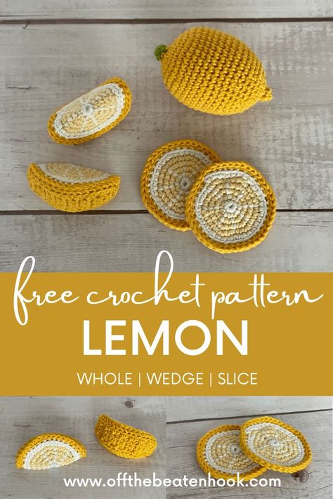 The perfect mix between realistic and adorable, these crochet lemon pieces will be the perfect addition to your little one's play food collection or your crochet fruit and vegetable centerpiece! The pattern includes the method for crocheting the lemon in 3 different conditions - whole, wedge and sliced. The pattern is quick and easy - perfect for beginners or seasoned crocheters alike! Get the free pattern here! Easy Crochet Vegetables, Free Crochet Vegetable Pattern, Fruit Slice Crochet, Knit Play Food, Crochet Fruit Slices Free Pattern, Crochet Lemons Free Pattern, Small Food Crochet Pattern, Amigurumi Lemon Free Pattern, Crochet Lemon Slice Free Pattern