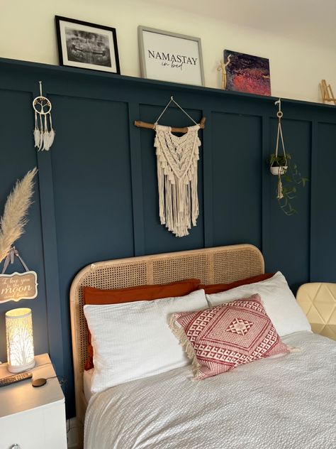 Blue And White Panelling Bedroom, Farrow And Ball Stiffkey Blue Bedroom, Panelled Walls Bedroom Blue, Panelled Wall Bedroom, Bedroom Farrow And Ball, Panelled Walls Bedroom, Wood Panel Bedroom, Bedroom Alcove, Panelling Ideas