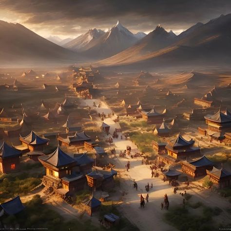 beautiful mongolian village with a royal palace and... | OpenArt Fantasy Mongolian, Mongolian Village, Landscape Fantasy Art, Digital Art Landscape, Mongolian Landscape, Pathfinder 2e, Traditional Japanese House, Your Throne, Winter Palace