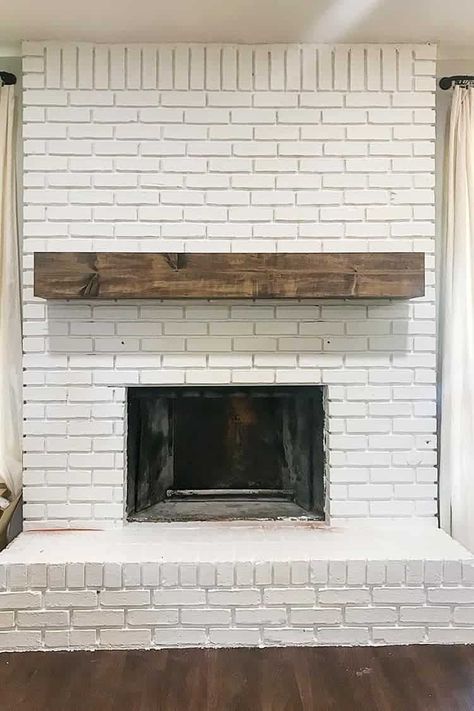 White Fireplace Beige Walls, Off White Fireplace Brick, Diy White Brick Fireplace, Mantle On White Brick Fireplace, Diy Paint Brick Fireplace, Redo A Brick Fireplace, Diy Farmhouse Fireplace Mantle, White Painted Brick Fireplace With Tv, Renovated Brick Fireplace